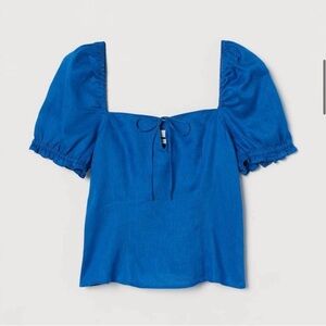 H&M Cornflower Blue Linen Puff Sleeve Top